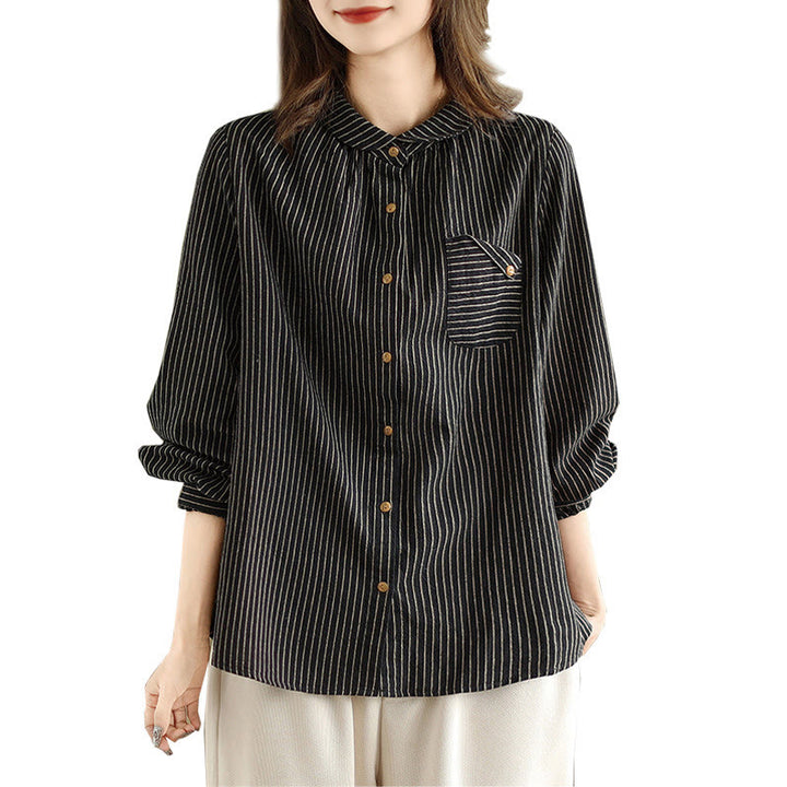 Buddha Stones春カジュアルスプライスデザインストライプ長袖ボタンラペルコットンリネンレディースシャツポケット付き - image 5