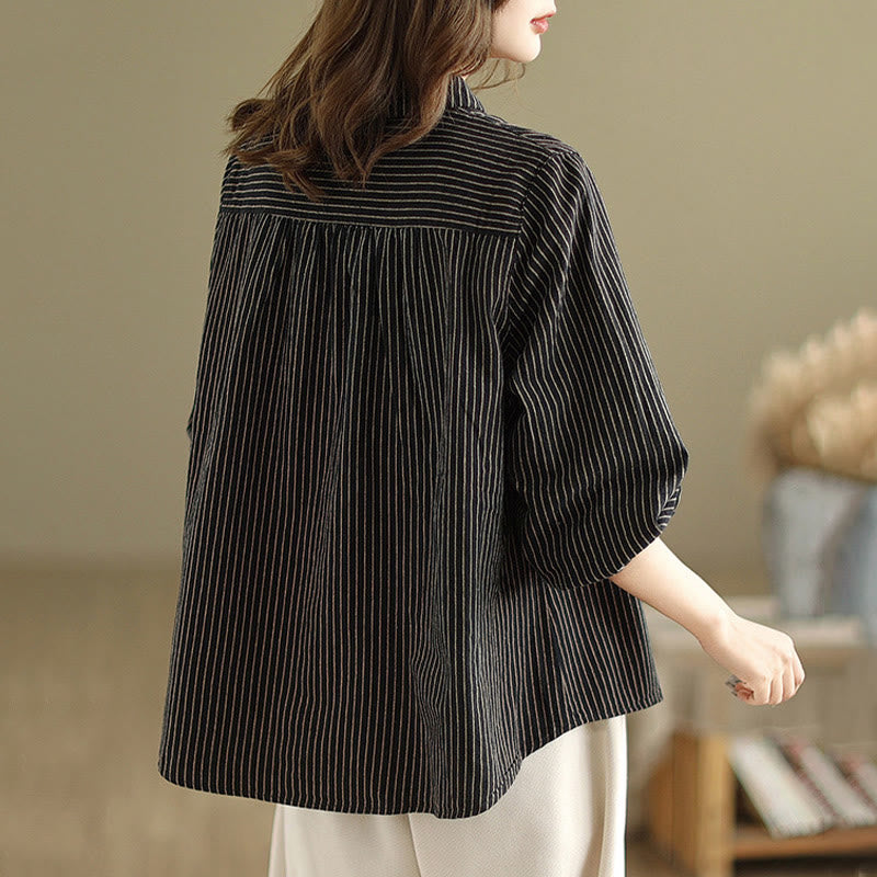 Buddha Stones春カジュアルスプライスデザインストライプ長袖ボタンラペルコットンリネンレディースシャツポケット付き - image 2