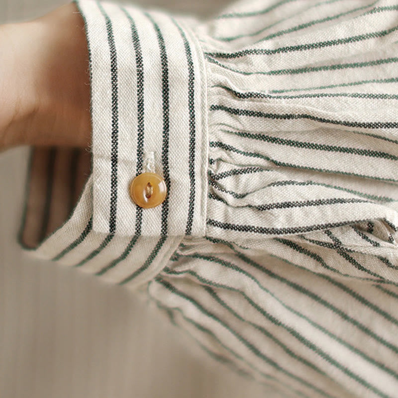 Buddha Stones春カジュアルスプライスデザインストライプ長袖ボタンラペルコットンリネンレディースシャツポケット付き - image 13