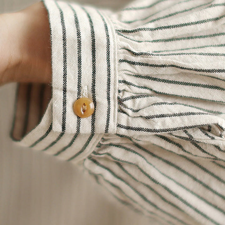 Buddha Stones春カジュアルスプライスデザインストライプ長袖ボタンラペルコットンリネンレディースシャツポケット付き - image 13