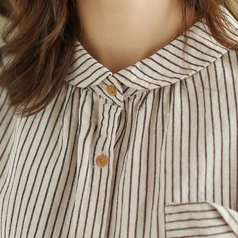 Buddha Stones春カジュアルスプライスデザインストライプ長袖ボタンラペルコットンリネンレディースシャツポケット付き - image 12