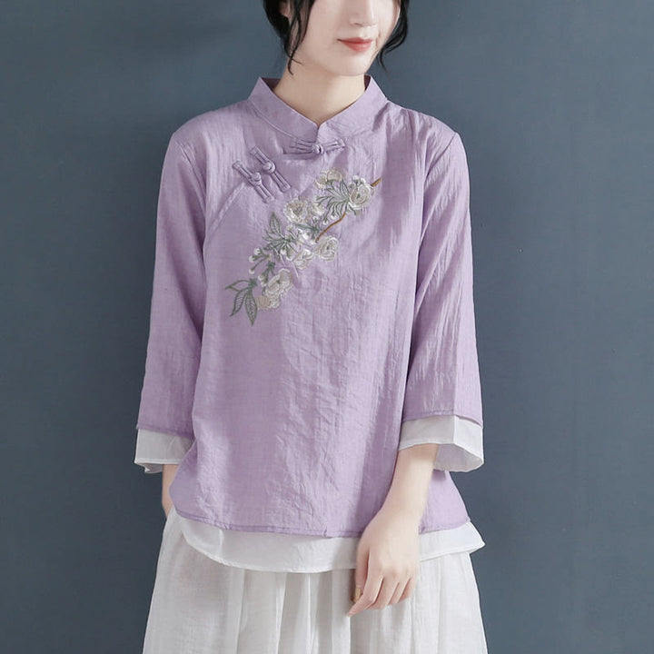 Buddha Stonesの花の刺繍入り七分袖フロッグボタンマンダリンカラーコットンリネンレディースシャツ - バイオレット - US12、 UK/AU16、 EU44 (3XL) - image 7