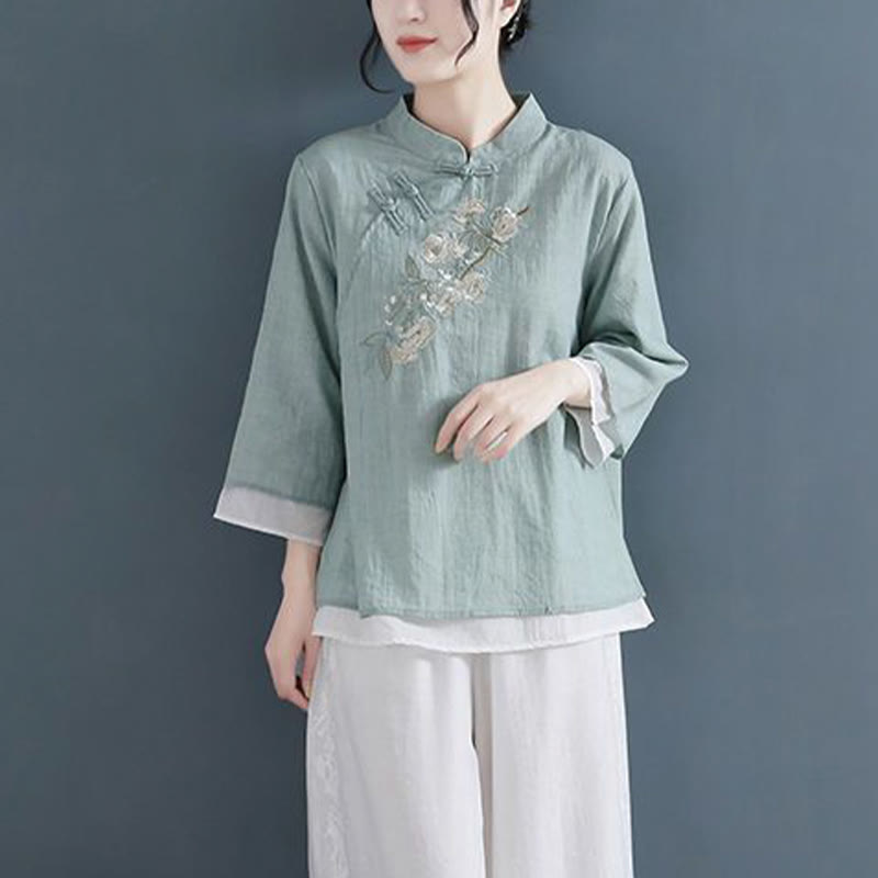 Buddha Stonesの花の刺繍入り七分袖フロッグボタンマンダリンカラーコットンリネンレディースシャツ - image 15