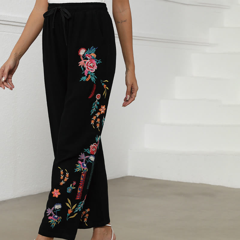 Buddha Stonesブラック 夏 無地 エスニック 刺繍 コットン リネン ドローストリング レディース パンツ ポケット付き - image 4