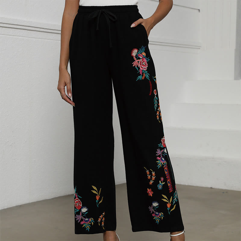 Buddha Stonesブラック 夏 無地 エスニック 刺繍 コットン リネン ドローストリング レディース パンツ ポケット付き - 黒 - US16、 UK/AU20、 EU48 (3XL) - image 0