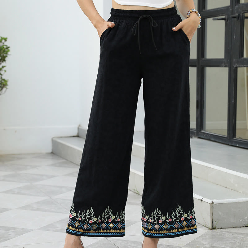 Buddha Stonesブラック 春 刺繍 花柄 コットン リネン ドローストリング レディース パンツ ポケット付き - 黒 - US16、 UK/AU20、 EU48 (3XL) - image 0