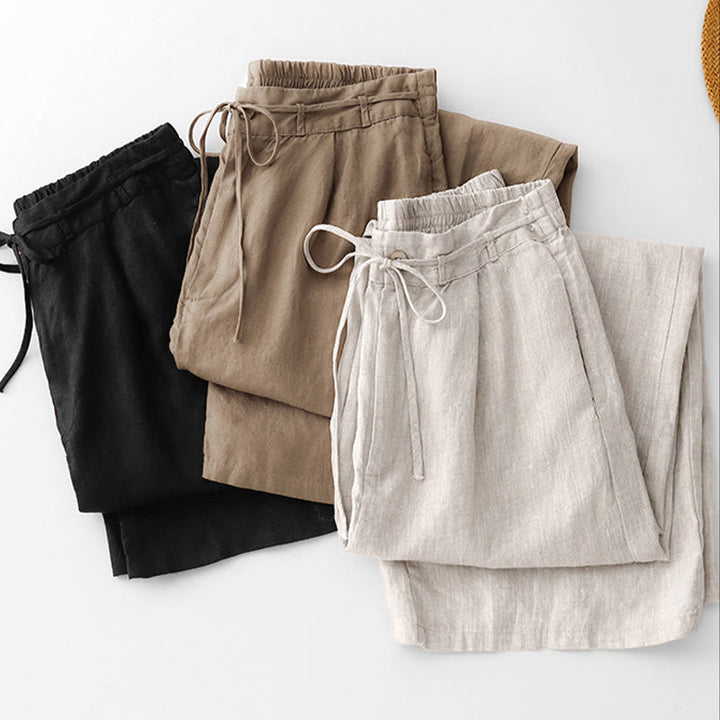 Buddha Stones夏 無地 アンクル丈 ドローストリング コットンリネン レディース ワイドレッグパンツ ポケット ジッパー付き - image 21