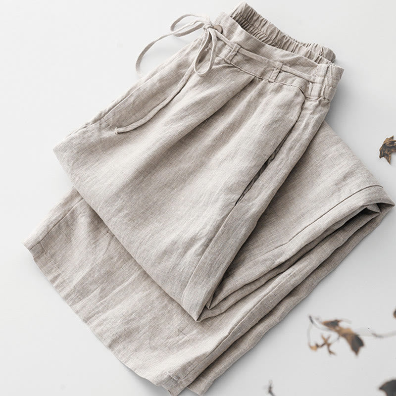 Buddha Stones夏 無地 アンクル丈 ドローストリング コットンリネン レディース ワイドレッグパンツ ポケット ジッパー付き - image 11