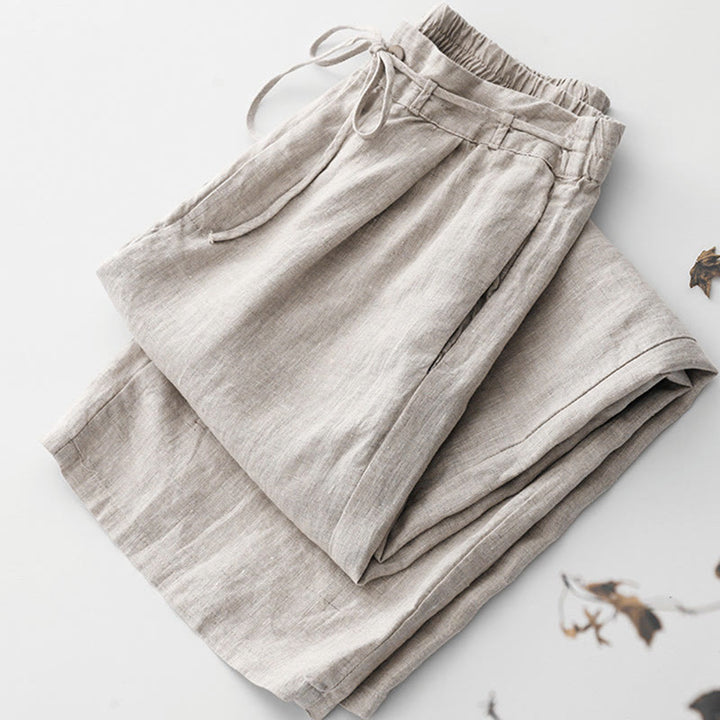Buddha Stones夏 無地 アンクル丈 ドローストリング コットンリネン レディース ワイドレッグパンツ ポケット ジッパー付き - image 11