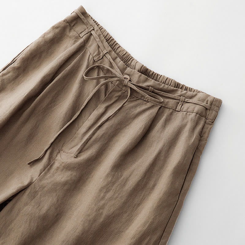 Buddha Stones夏 無地 アンクル丈 ドローストリング コットンリネン レディース ワイドレッグパンツ ポケット ジッパー付き - image 3