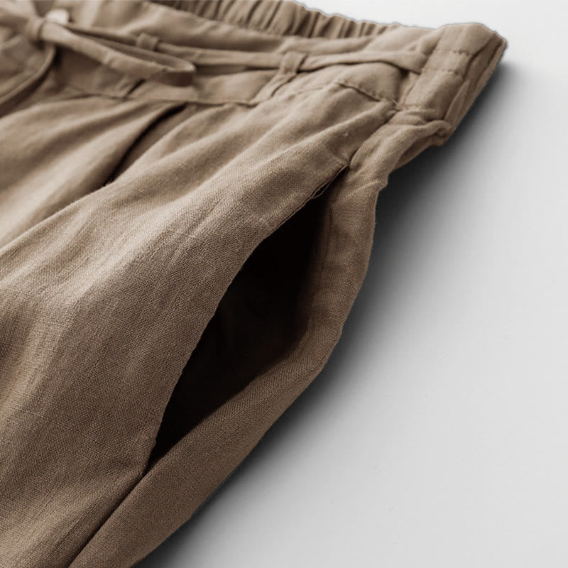 Buddha Stones夏 無地 アンクル丈 ドローストリング コットンリネン レディース ワイドレッグパンツ ポケット ジッパー付き - image 2