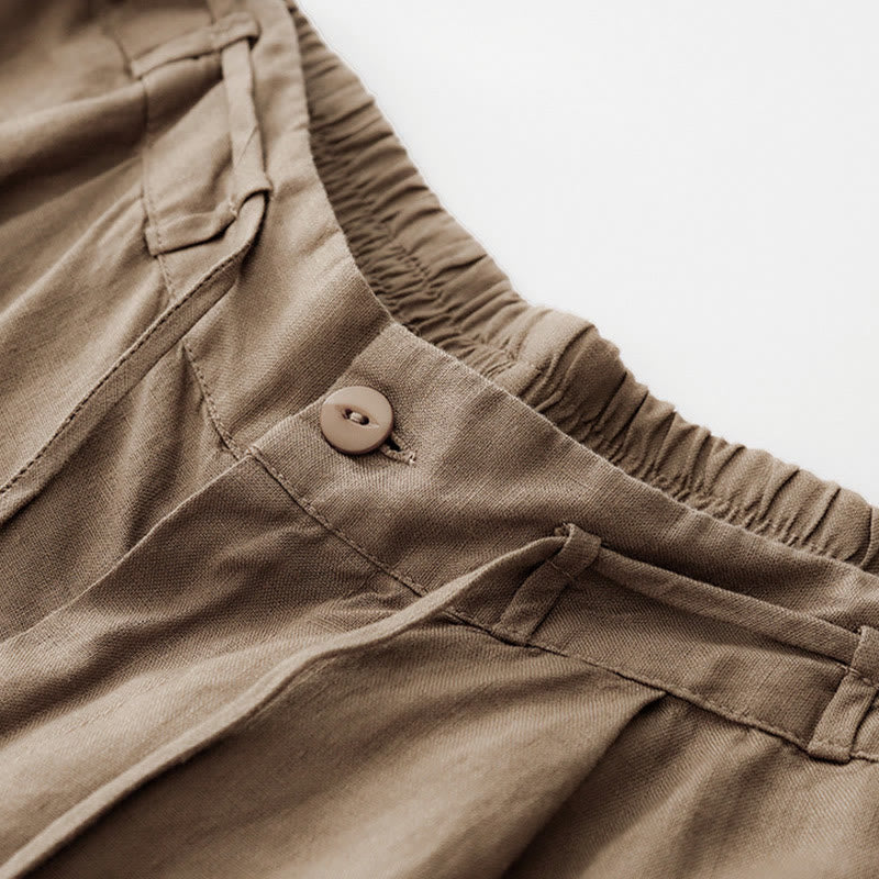 Buddha Stones夏 無地 アンクル丈 ドローストリング コットンリネン レディース ワイドレッグパンツ ポケット ジッパー付き - image 1