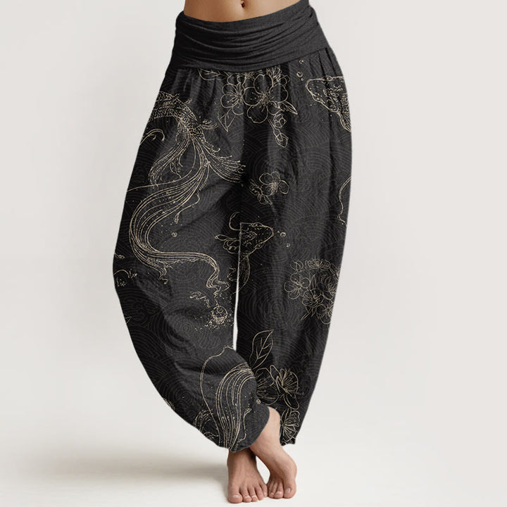 Buddha Stones鯉花柄レディース伸縮性ウエストハーレムパンツ - 黒 - US22、 UK/AU26、 EU54 (6XL) - image 1