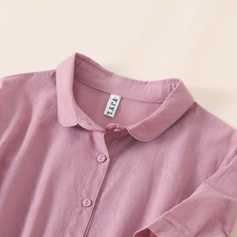 Buddha Stonesサマーボタンデザイン 半袖 コットンリネン ミディドレス ポケット付き - image 1