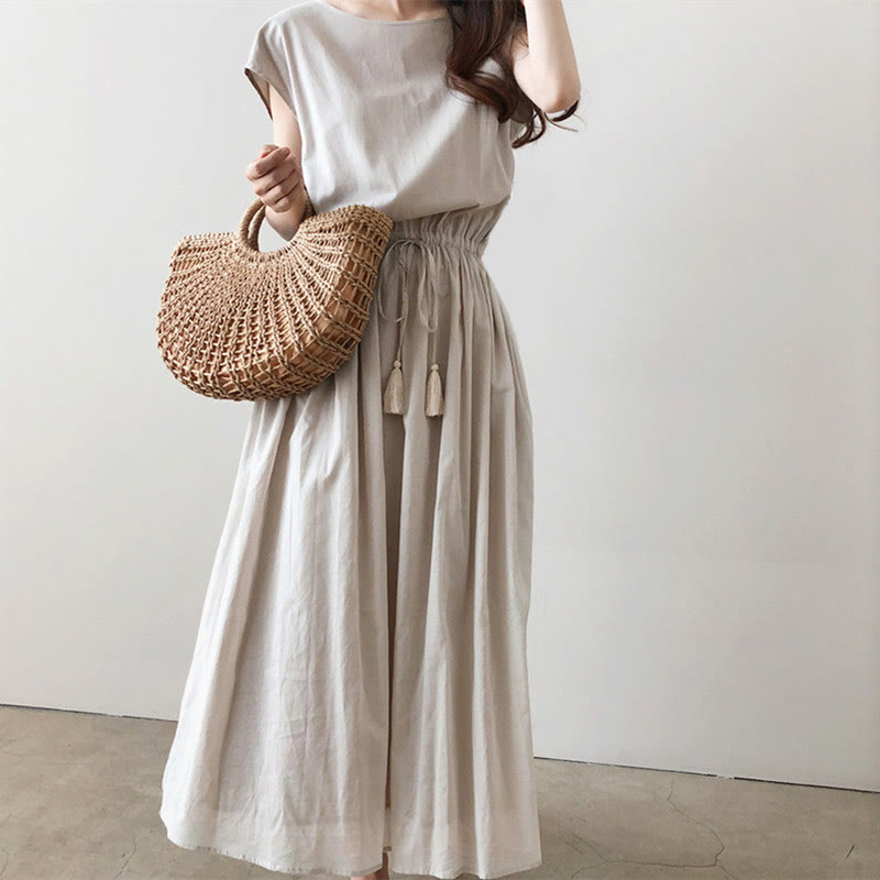 Buddha Stonesカジュアル イースタンウエスト ドローストリングデザイン 半袖 コットンリネン ミディドレス - リネン - US8-10，UK/AU12-14，EU40-42 (2XL) - image 0