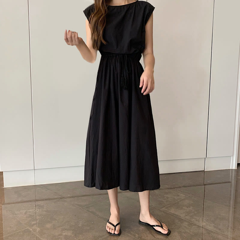 Buddha Stonesカジュアル イースタンウエスト ドローストリングデザイン 半袖 コットンリネン ミディドレス - 黒 - US8-10，UK/AU12-14，EU40-42 (2XL) - image 11