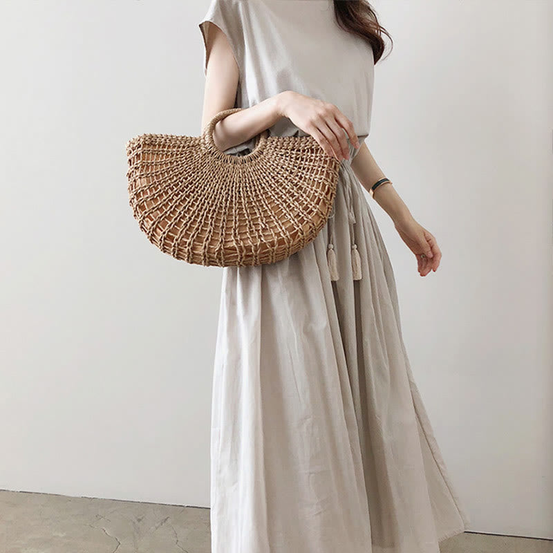 Buddha Stonesカジュアル イースタンウエスト ドローストリングデザイン 半袖 コットンリネン ミディドレス - image 5