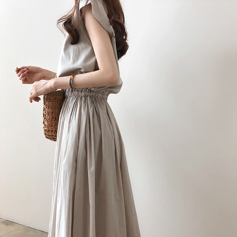 Buddha Stonesカジュアル イースタンウエスト ドローストリングデザイン 半袖 コットンリネン ミディドレス - image 6