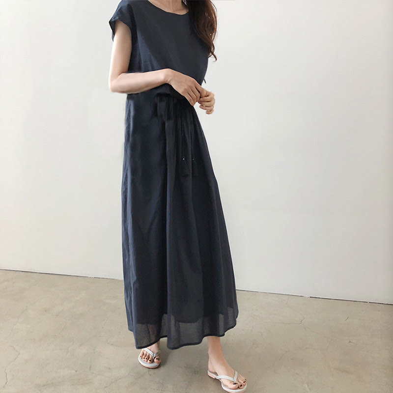 Buddha Stonesカジュアル イースタンウエスト ドローストリングデザイン 半袖 コットンリネン ミディドレス - image 16