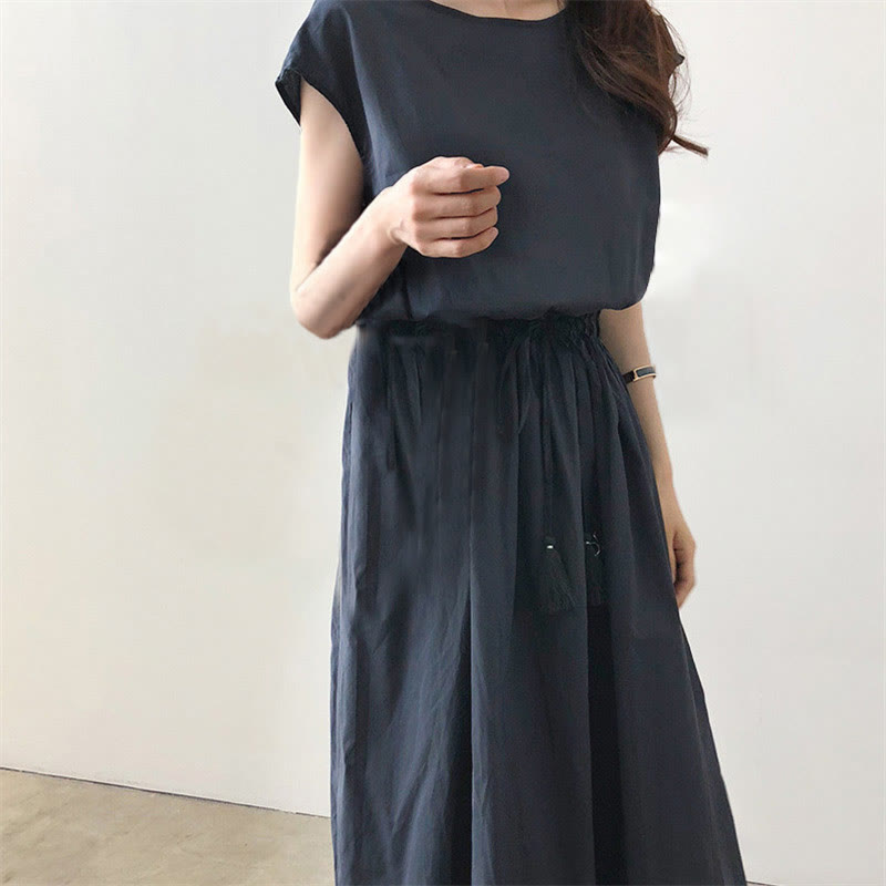 Buddha Stonesカジュアルイーストウエストドローストリングデザイン半袖ミディドレス - image 22