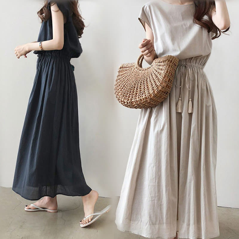 Buddha Stonesカジュアル イースタンウエスト ドローストリングデザイン 半袖 コットンリネン ミディドレス - image 10