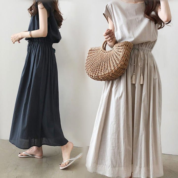 Buddha Stonesカジュアル イースタンウエスト ドローストリングデザイン 半袖 コットンリネン ミディドレス - image 10