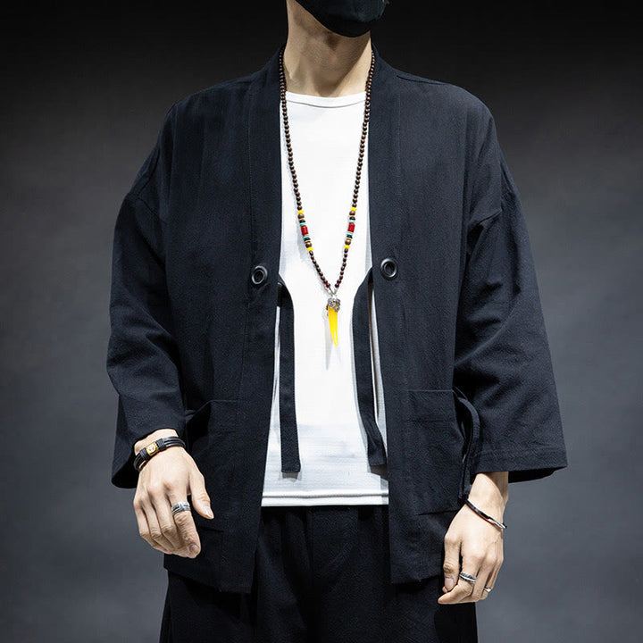 Buddha Stones無地 レースアップ オープンフロント ジャケット コットン メンズ 着物 - 黒 - US/UK/AU46、 EU56 (5XL) - image 5