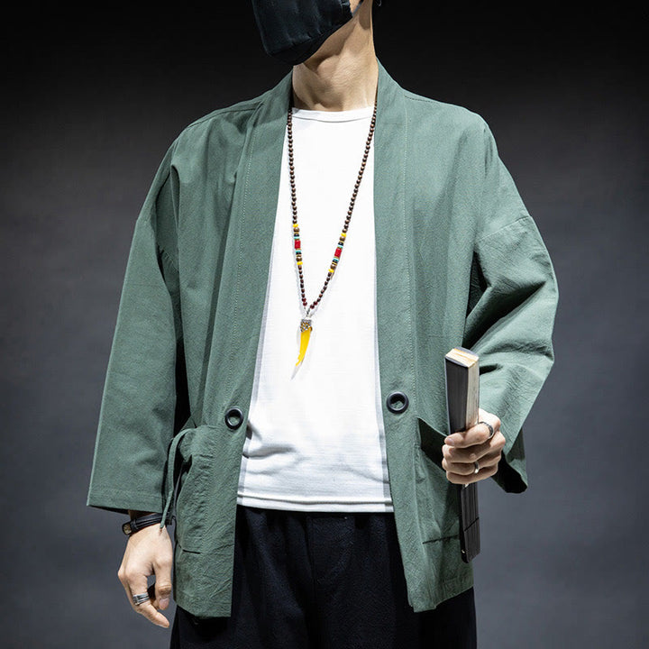 Buddha Stones無地 レースアップ オープンフロント ジャケット コットン メンズ 着物 - ミディアムアクアマリン - US/UK/AU46、 EU56 (5XL) - image 22