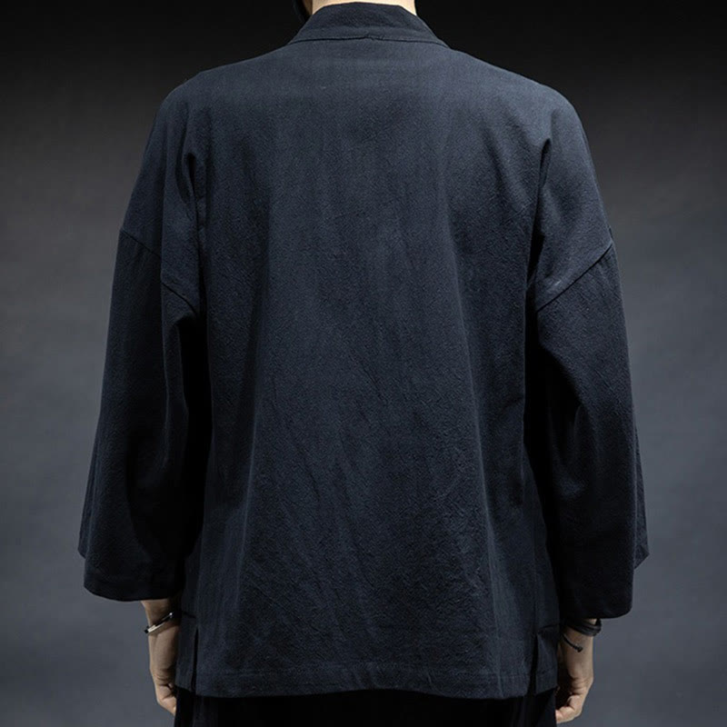 Buddha Stones無地 レースアップ オープンフロント ジャケット コットン メンズ 着物 - image 7