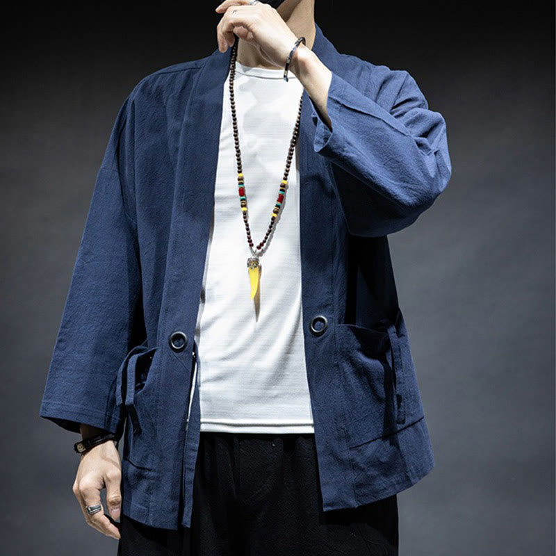 Buddha Stones無地 レースアップ オープンフロント ジャケット コットン メンズ 着物 - image 3