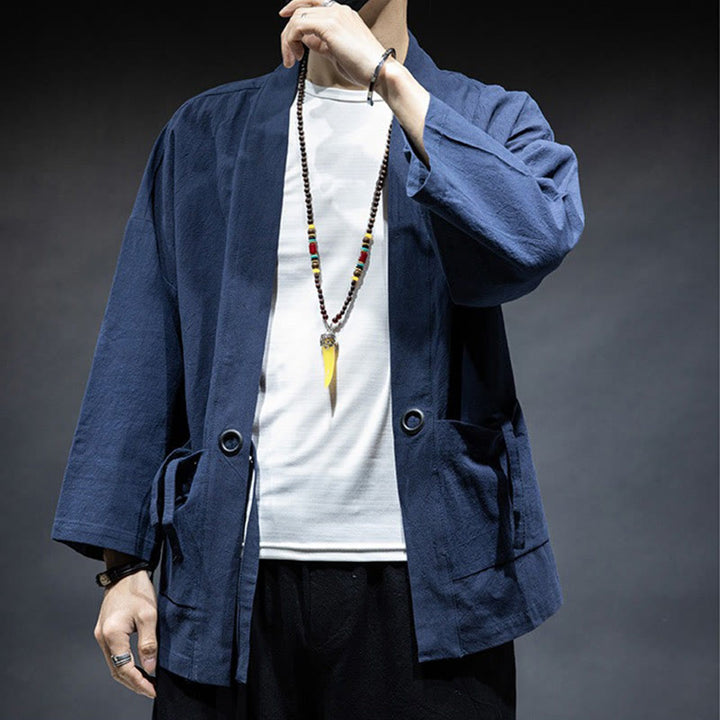 Buddha Stones無地 レースアップ オープンフロント ジャケット コットン メンズ 着物 - image 3