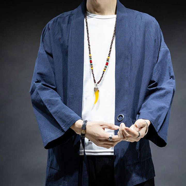 Buddha Stones無地 レースアップ オープンフロント ジャケット コットン メンズ 着物 - image 1