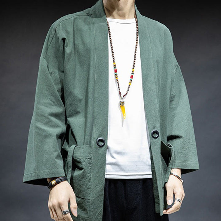 Buddha Stones無地 レースアップ オープンフロント ジャケット コットン メンズ 着物 - image 24