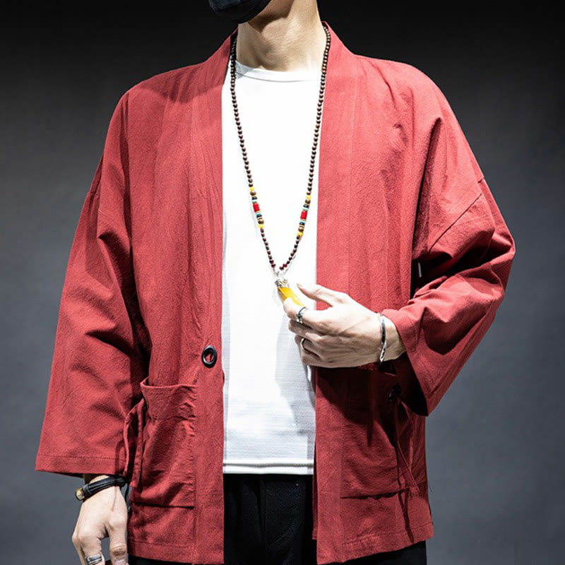 Buddha Stones無地 レースアップ オープンフロント ジャケット コットン メンズ 着物 - image 17