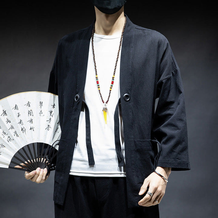 Buddha Stones無地 レースアップ オープンフロント ジャケット コットン メンズ 着物 - image 10