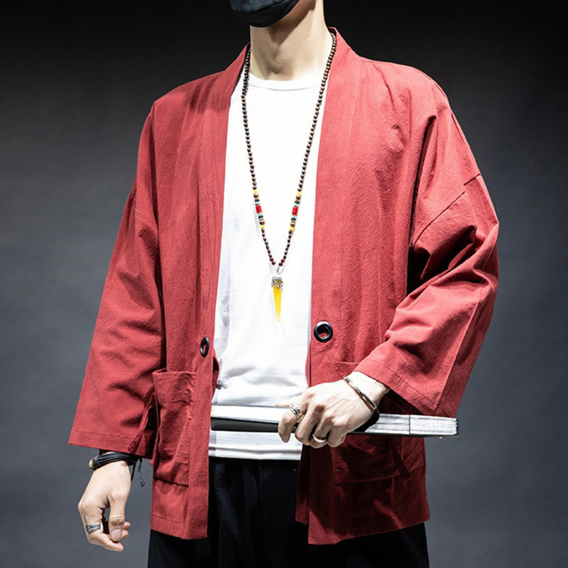 Buddha Stones無地 レースアップ オープンフロント ジャケット コットン メンズ 着物 - image 18