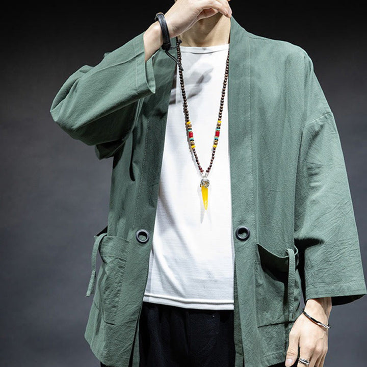 Buddha Stones無地 レースアップ オープンフロント ジャケット コットン メンズ 着物 - image 25