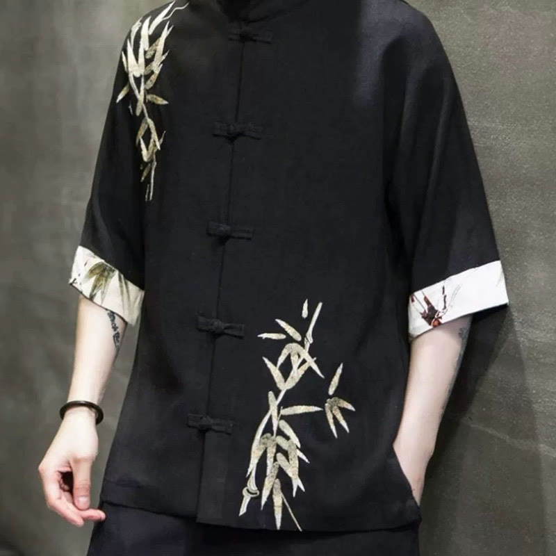 Buddha Stonesメンズ フロッグボタン バンブーリネン ハーフスリーブシャツ - image 3