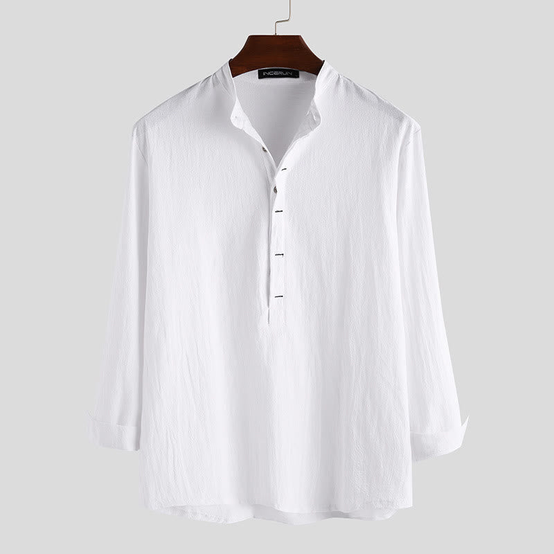 Buddha Stones無地 ハーフボタン 長袖 コットンリネン メンズシャツ - 白 - US/UK/AU42、 EU52 (3XL) - image 0