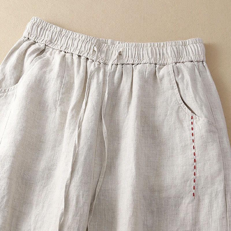 Buddha Stones夏 カジュアル 無地 刺繍 ドローストリング コットンリネン レディース ワイドレッグパンツ ポケット付き - image 2