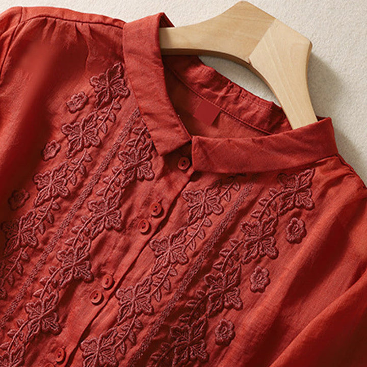 Buddha Stones夏 無地 ボタン 刺繍 花柄 七分袖 ラペル コットン リネン レディース シャツ - image 21