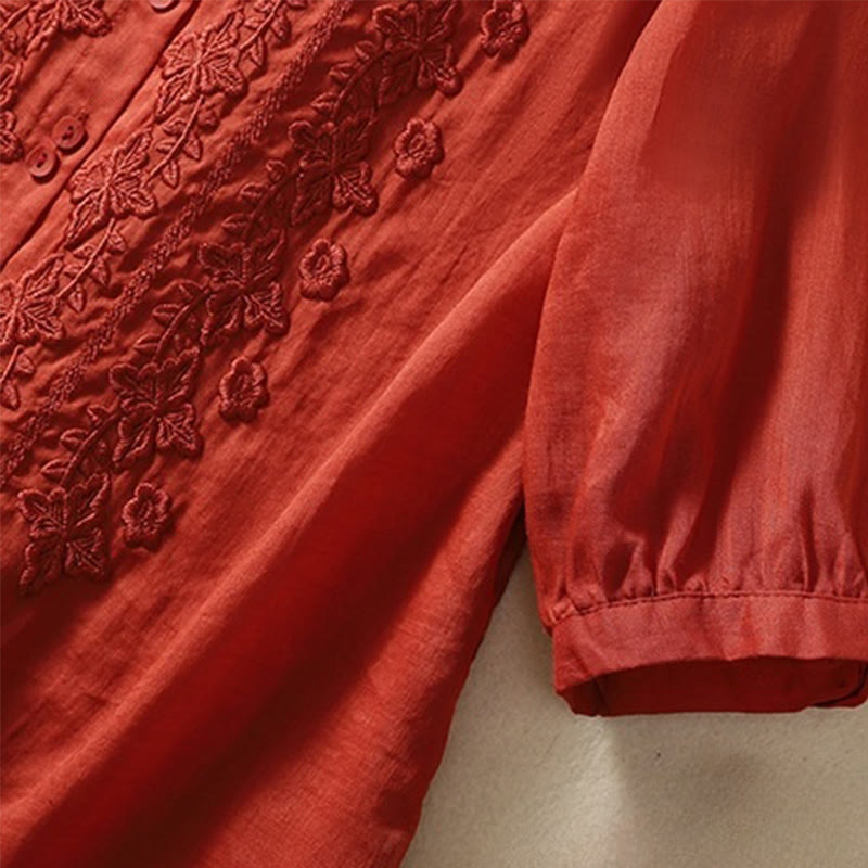 Buddha Stones夏 無地 ボタン 刺繍 花柄 七分袖 ラペル コットン リネン レディース シャツ - image 24