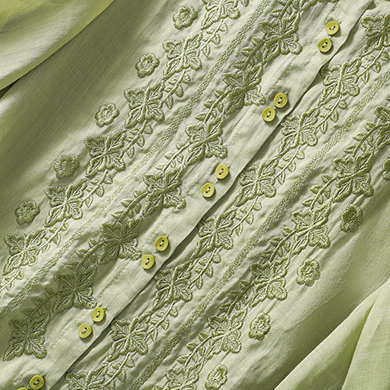 Buddha Stones夏 無地 ボタン 刺繍 花柄 七分袖 ラペル コットン リネン レディース シャツ - image 3