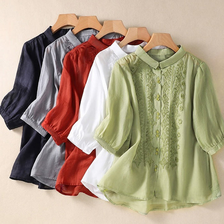 Buddha Stones夏 無地 ボタン 刺繍 花柄 七分袖 ラペル コットン リネン レディース シャツ - image 32