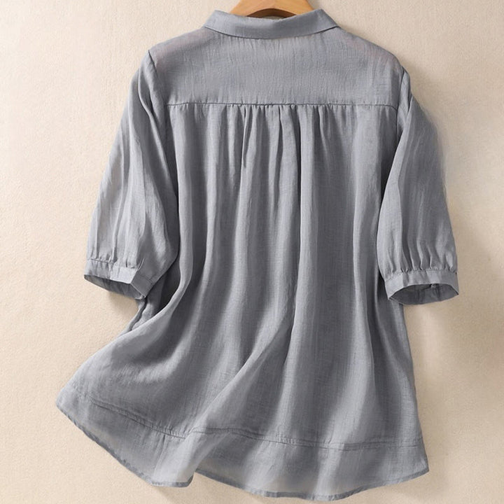 Buddha Stones夏 無地 ボタン 刺繍 花柄 七分袖 ラペル コットン リネン レディース シャツ - image 14