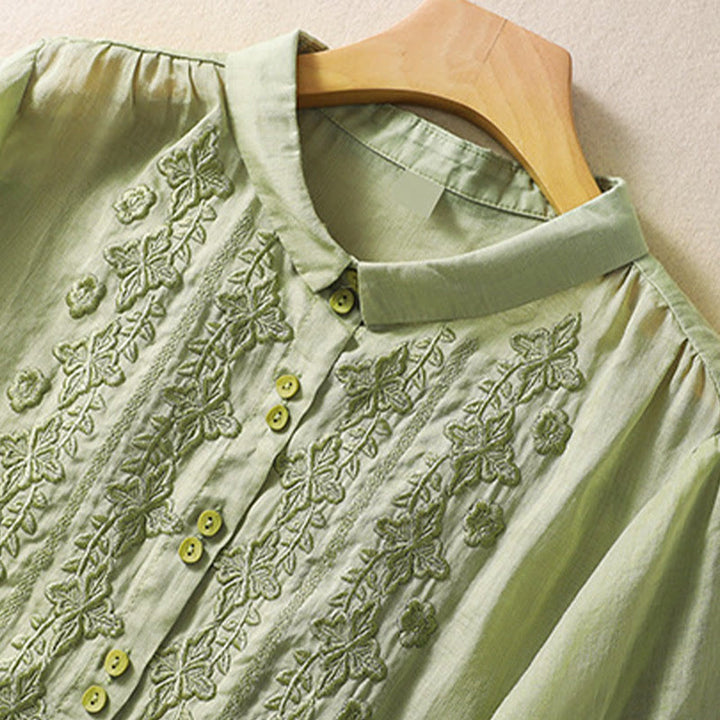 Buddha Stones夏 無地 ボタン 刺繍 花柄 七分袖 ラペル コットン リネン レディース シャツ - image 2