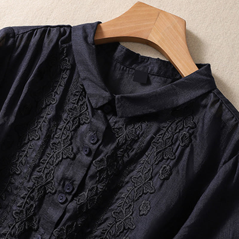 Buddha Stones夏 無地 ボタン 刺繍 花柄 七分袖 ラペル コットン リネン レディース シャツ - image 28