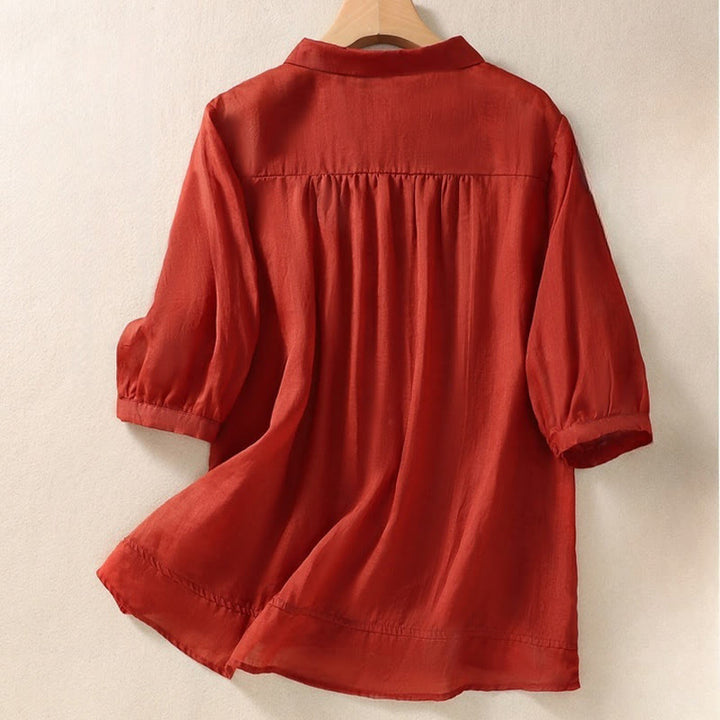 Buddha Stones夏 無地 ボタン 刺繍 花柄 七分袖 ラペル コットン リネン レディース シャツ - image 20