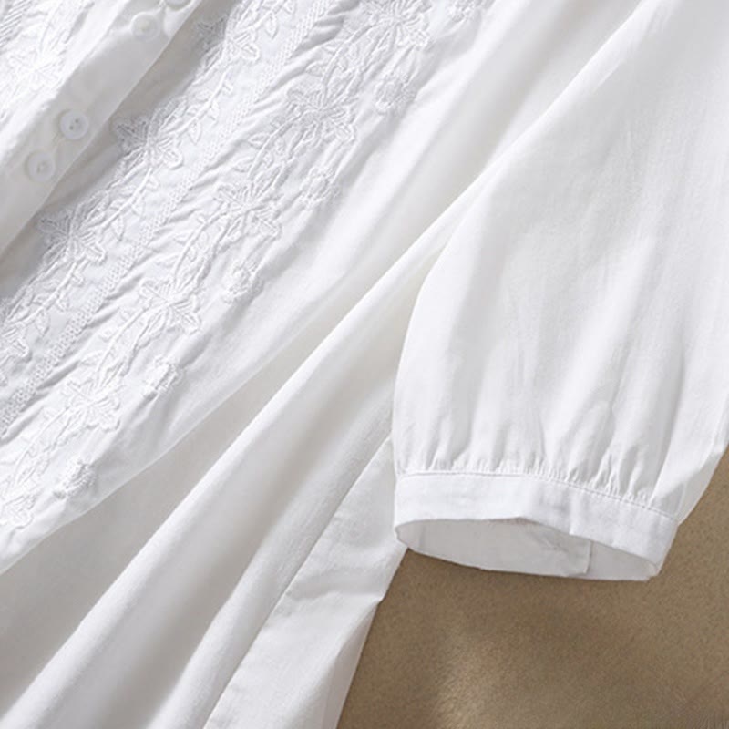 Buddha Stones夏 無地 ボタン 刺繍 花柄 七分袖 ラペル コットン リネン レディース シャツ - image 9