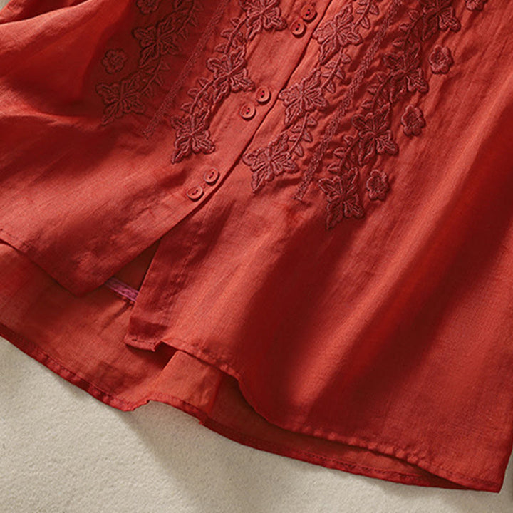 Buddha Stones夏 無地 ボタン 刺繍 花柄 七分袖 ラペル コットン リネン レディース シャツ - image 25